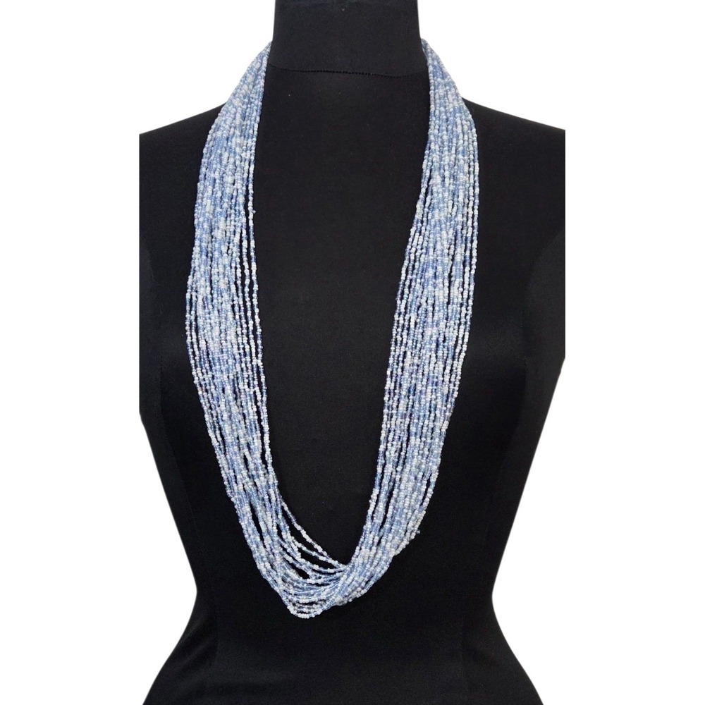 Multi-strand Blue Glass Long Pearly Seed Bead NECKLACE 36" Beaded 20 Strands